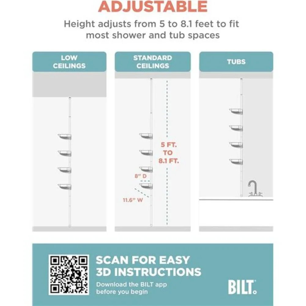 Home Tension Pole Shower Caddy, Adjustable Corner Shower Storage System